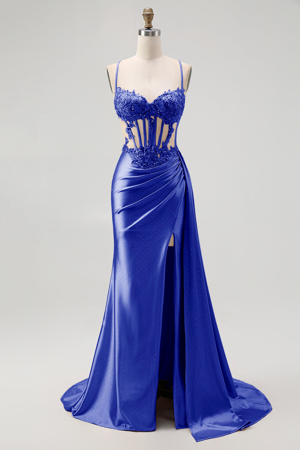 ZAPAKA Women Champagne Mermaid Long Prom Dress with Slit Spaghetti Straps Sheer Corset Satin Beaded Formal Dress with Side Streamer, Navy / US6