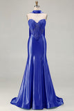 Blue Mermaid Corset Sweetheart Two Piece Long Satin Prom Dress with a Neck Scarf