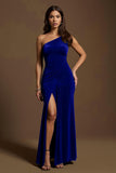 Dark Green One Shoulder Mermaid Holiday Party Dress With Slit