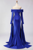 Dark Green Off The Shoulder Ruched Satin Mermaid Long Prom Dress with Long Sleeves