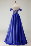 Off The Shoulder A Line Beaded Satin Purple Long Prom Dress with Slit