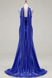 Blue Mermaid Corset Sweetheart Two Piece Long Satin Prom Dress with a Neck Scarf
