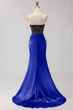 Strapless Mermaid Black Green Appliqued Lace Long Prom Dress with Slit
