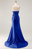 Navy Mermaid Strapless Corset Ruched Beaded Long Prom Dress with Bow