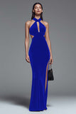 Dark Green Velvet Halter Sheath Long Formal Dress with Slit