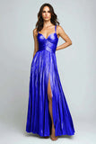 Sliver A Line Metallic Pleated Formal Dress With Slit