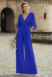 Simple Ivory V-Neck Wedding Jumpsuit with Pocket