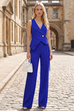 2 Piece V-Neck Sky Blue Sleeveless Women's Work Suits