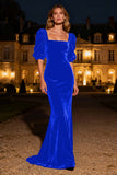 Navy Mermaid Square Neck Puff Sleeves Velvet Long Formal Dress