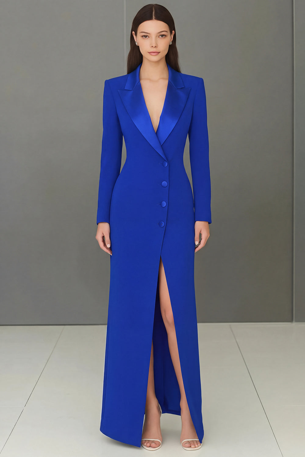 navy blue blazer dress Zapaka Women Navy Blazer Dress with Slit Peak Lapel Single-breasted Business Outfit, Royal Blue / XL