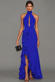 Black Sheath Halter Neck Ruffled Cut Out Long Formal Dress with Slit