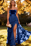 Khaki Sweetheart Tiered Ruffled A-Line Chiffon Maxi Dress with Slit