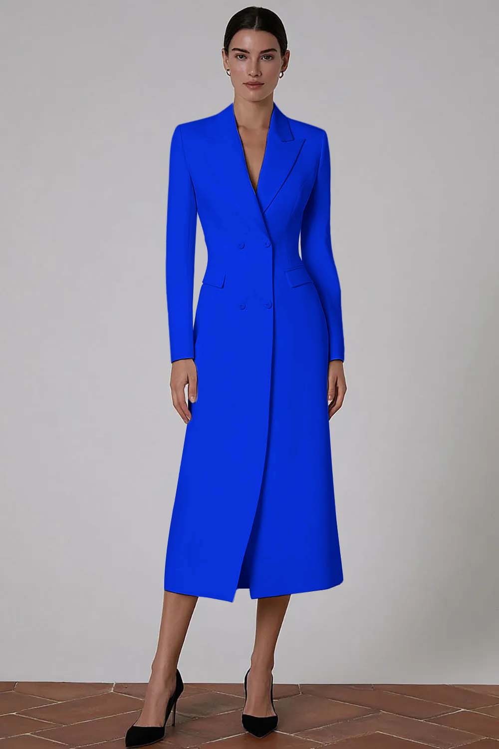royal blue blazer dress Zapaka Women Navy Satin Midi Blazer Dress with Sleeves Notched Lapel Pencil Single Breasted Work Dress, Navy / M