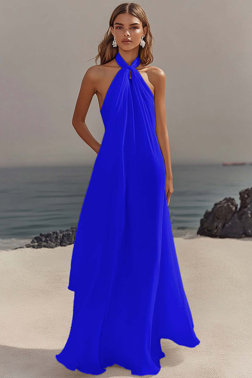 ZAPAKA Women White Long Beach Dress Sheath Halter Chiffon Bridal Dress, Royal Blue / US8 ZAPAKA Women White Long Beach Dress Sheath Halter Chiffon Bridal Dress, Royal Blue / US8