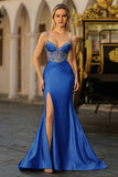 Dusty Blue Mermaid Beaded Corset Sequin Long Prom Dress with Slit