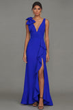 Dark Green Sheath V-Neck Ruffled Ruched Long Formal Dress with Slit