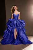 A Line Sweetheart Dark Red Ruffle Pageant Dress with Slit