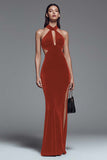 Dark Green Velvet Halter Sheath Long Formal Dress with Slit