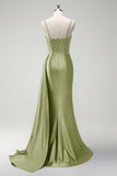 Dark Green Beaded Mermaid Corset Satin Plus Size Long Prom Dress with Slit