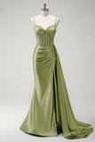 Dark Green Beaded Mermaid Corset Satin Plus Size Long Prom Dress with Slit