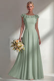 Chiffon Burgundy A Line Bateau Neck Long Bridesmaid Dress with Ruffles
