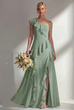 Butter Yellow A Line One Shoulder Chiffon Long Bridesmaid Dress with Ruffles