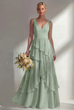A Line Chiffon Burgundy V-Neck Long Bridesmaid Dress with Ruffles