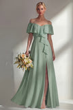 Burgundy A Line Off the Shoulder Long Bridesmaid Dress with Ruffles