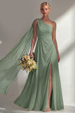 Burgundy A Line One Shoulder Chiffon Long Bridesmaid Dress with Slit