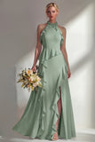 A Line Burgundy Halter Neck Chiffon Long Bridesmaid Dress with Ruffles