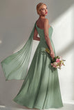 Burgundy A Line One Shoulder Chiffon Long Bridesmaid Dress with Slit