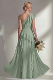 Butter Yellow A Line One Shoulder Chiffon Long Bridesmaid Dress with Ruffles