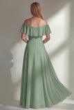 Burgundy A Line Off the Shoulder Long Bridesmaid Dress with Ruffles