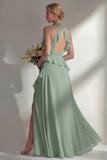 A Line Burgundy Halter Neck Chiffon Long Bridesmaid Dress with Ruffles