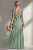Chiffon Burgundy A Line Bateau Neck Long Bridesmaid Dress with Ruffles