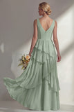 A Line Chiffon Burgundy V-Neck Long Bridesmaid Dress with Ruffles