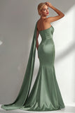 Burgundy Strapless Mermaid Satin Convertible Long Prom Dress with Streamer