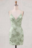 Sage Green Floral Bodycon Spaghetti Straps Homecoming Dress