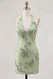 Light Blue Halter Neck Bodycon Floral Homecoming Dress