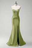 Sparkly Dark Green Mermaid Beaded Corset Satin Long Prom Dress with Slit