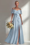 Burgundy A Line Off the Shoulder Long Bridesmaid Dress with Ruffles