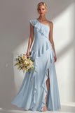 Butter Yellow A Line One Shoulder Chiffon Long Bridesmaid Dress with Ruffles