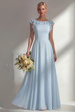 Chiffon Burgundy A Line Bateau Neck Long Bridesmaid Dress with Ruffles