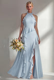 A Line Burgundy Halter Neck Chiffon Long Bridesmaid Dress with Ruffles
