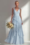 A Line Chiffon Burgundy V-Neck Long Bridesmaid Dress with Ruffles