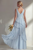 A Line Chiffon Burgundy V-Neck Long Bridesmaid Dress with Ruffles
