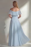 Burgundy A Line Off the Shoulder Long Bridesmaid Dress with Ruffles