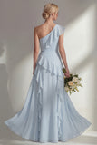 Butter Yellow A Line One Shoulder Chiffon Long Bridesmaid Dress with Ruffles