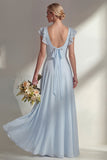 Chiffon Burgundy A Line Bateau Neck Long Bridesmaid Dress with Ruffles