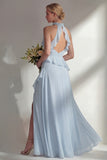 A Line Burgundy Halter Neck Chiffon Long Bridesmaid Dress with Ruffles